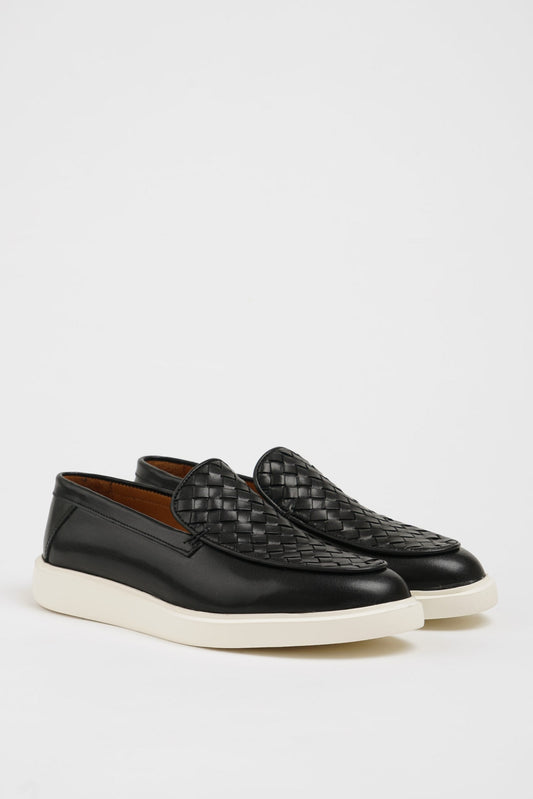 Black Knitted Detail Leather Casual Shoes