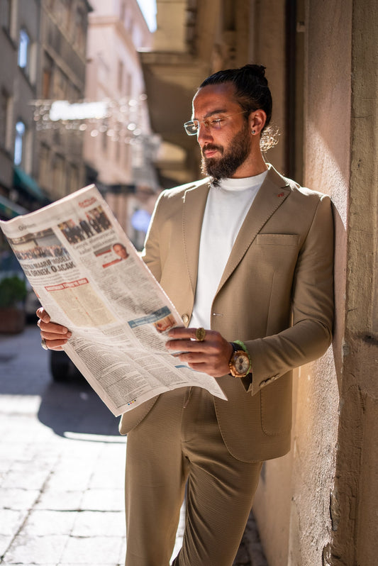 Beige Modern Casual Slim Fit Suit