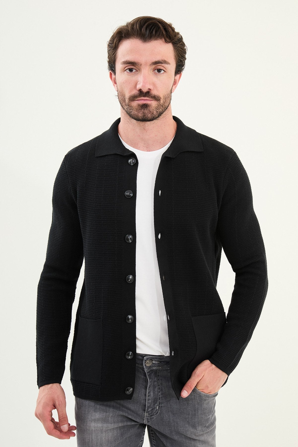 Textured Black Polo Cardigan