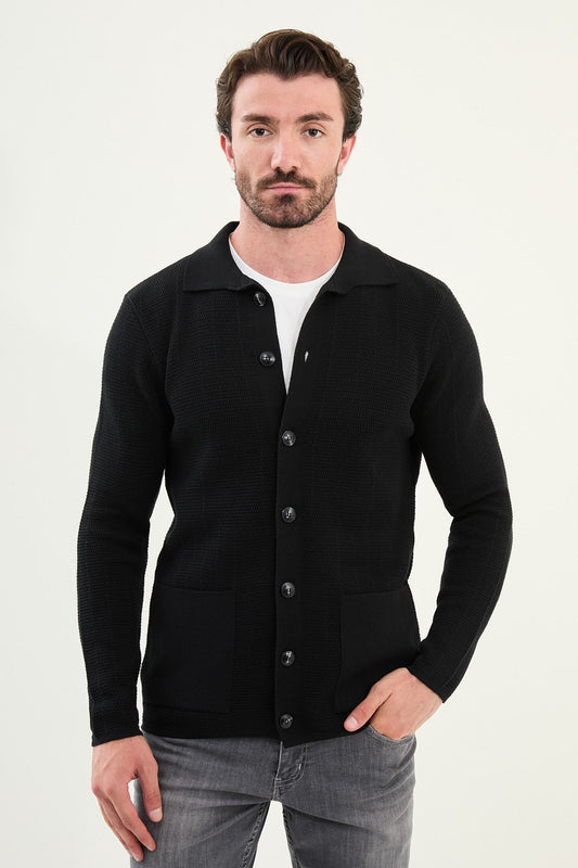 Textured Black Polo Cardigan