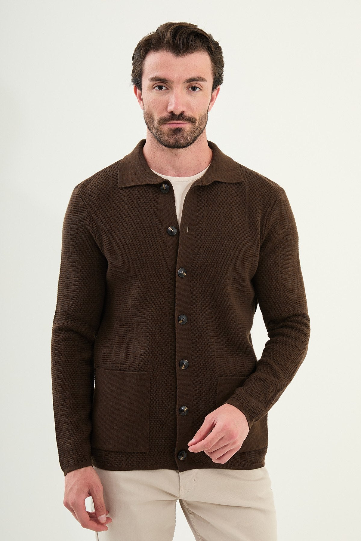 Brown Slim Fit Collared Cardigan Sweater | Men's Knit