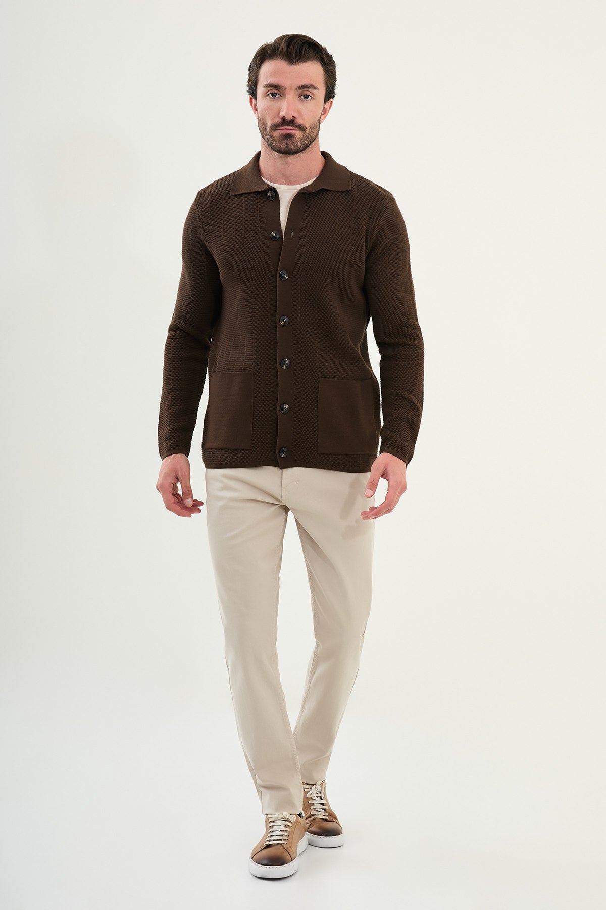 Brown Slim Fit Collared Cardigan Sweater | Men's Knit