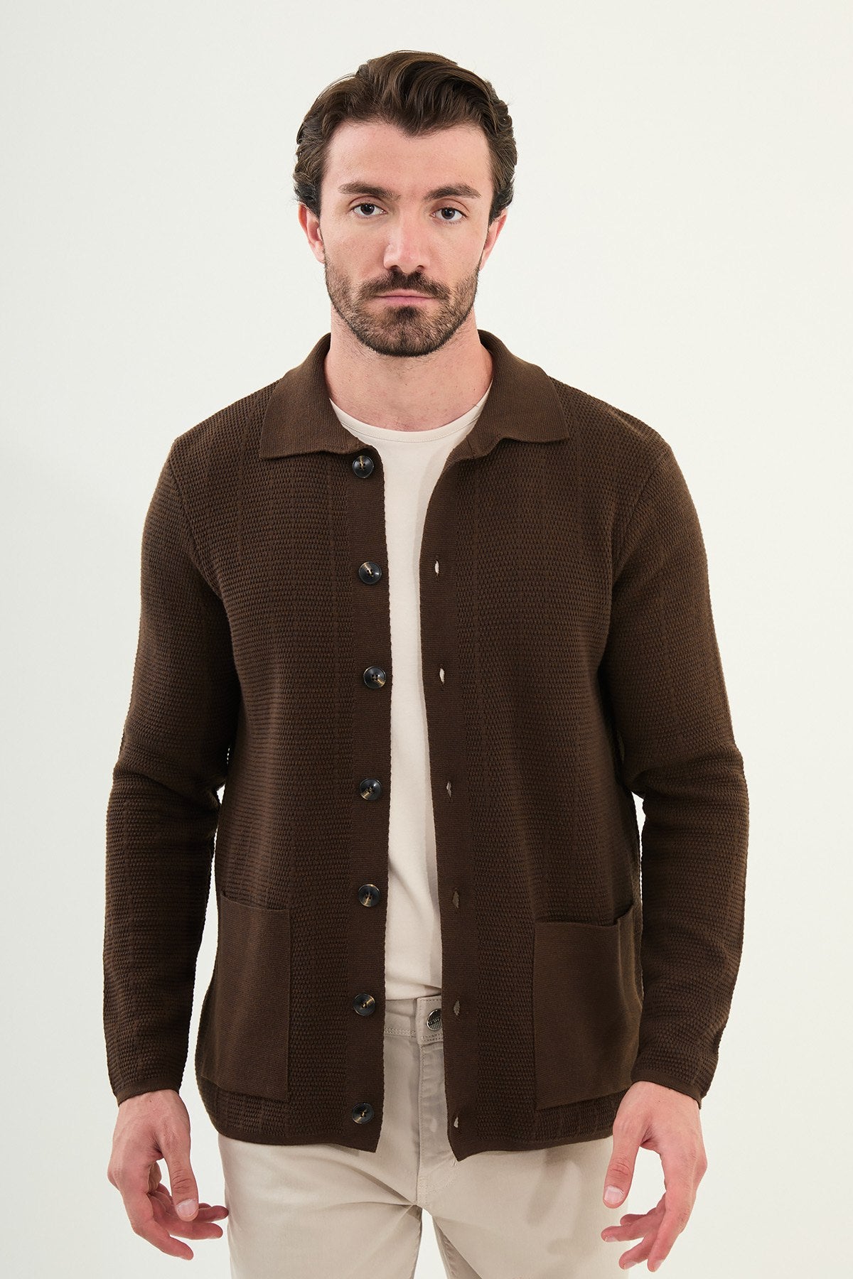 Brown Slim Fit Collared Cardigan Sweater | Men's Knit