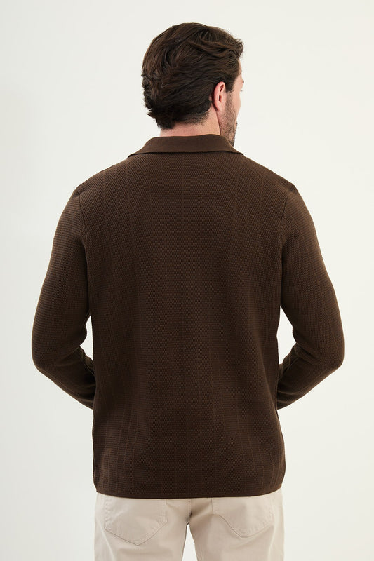Brown Slim Fit Collared Cardigan Sweater | Men's Knit