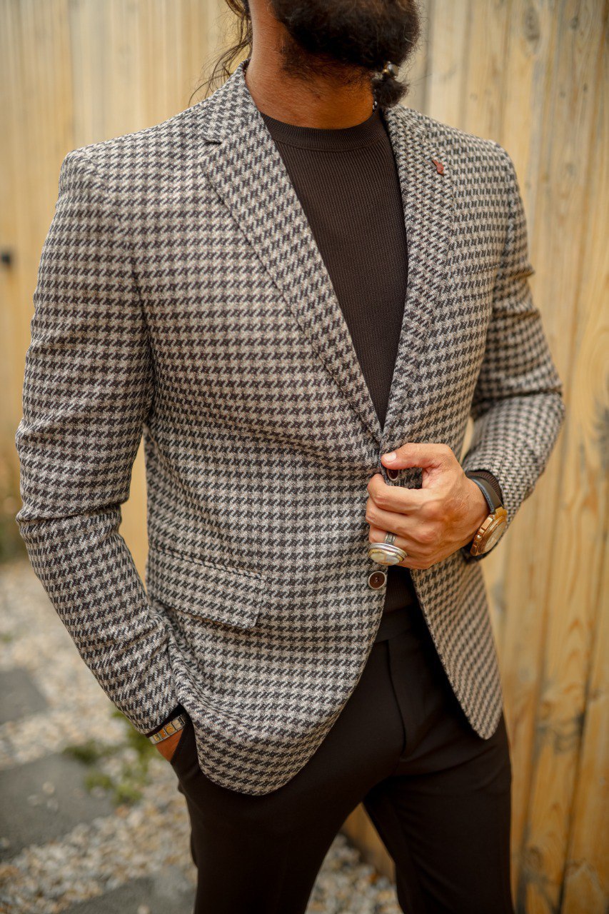 Men's Houndstooth Blazer Jacket - Brown Pattern