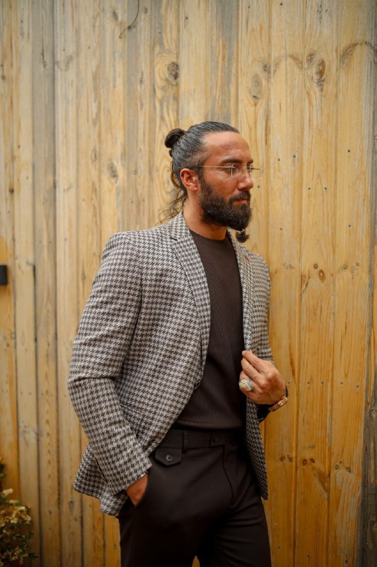 Men's Houndstooth Blazer Jacket - Brown Pattern