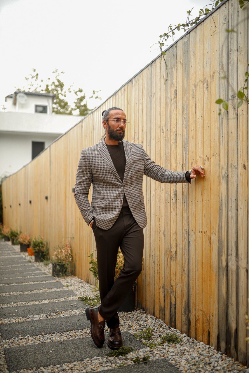 Men's Houndstooth Blazer Jacket - Brown Pattern