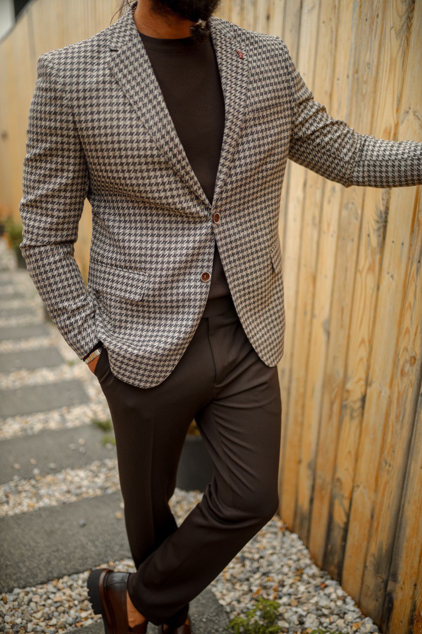 Men's Houndstooth Blazer Jacket - Brown Pattern