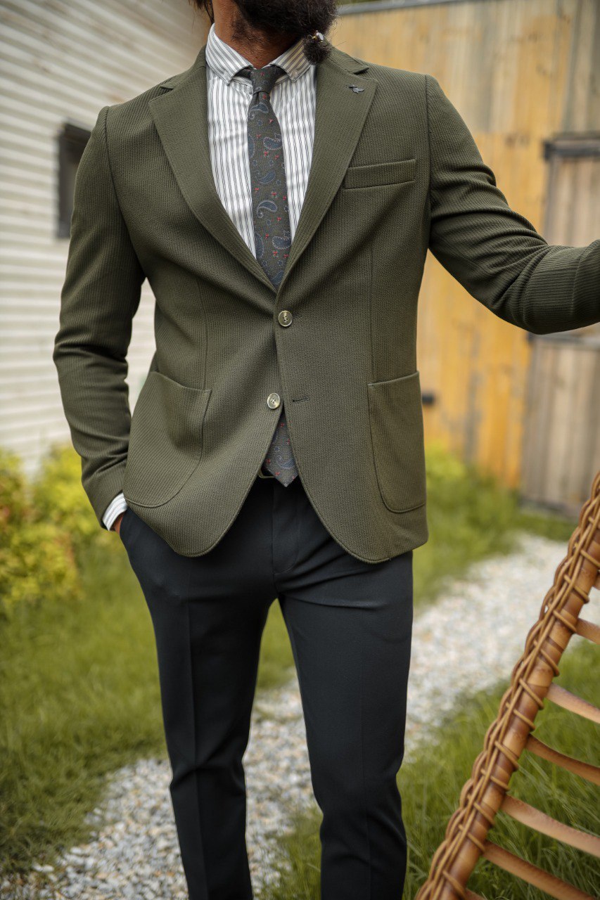 Men's Khaki Textured Blazer - Slim Fit, Two-Button