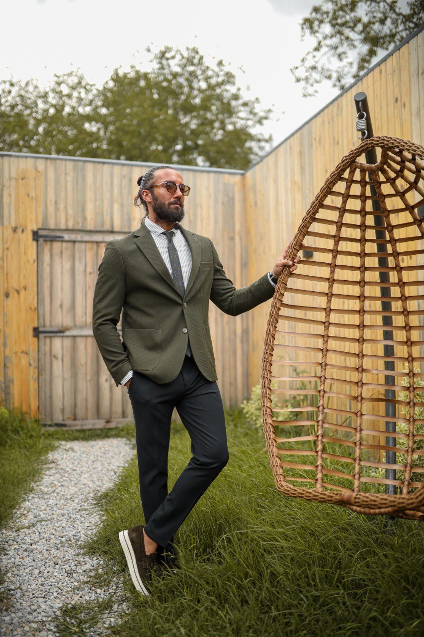 Men's Khaki Textured Blazer - Slim Fit, Two-Button