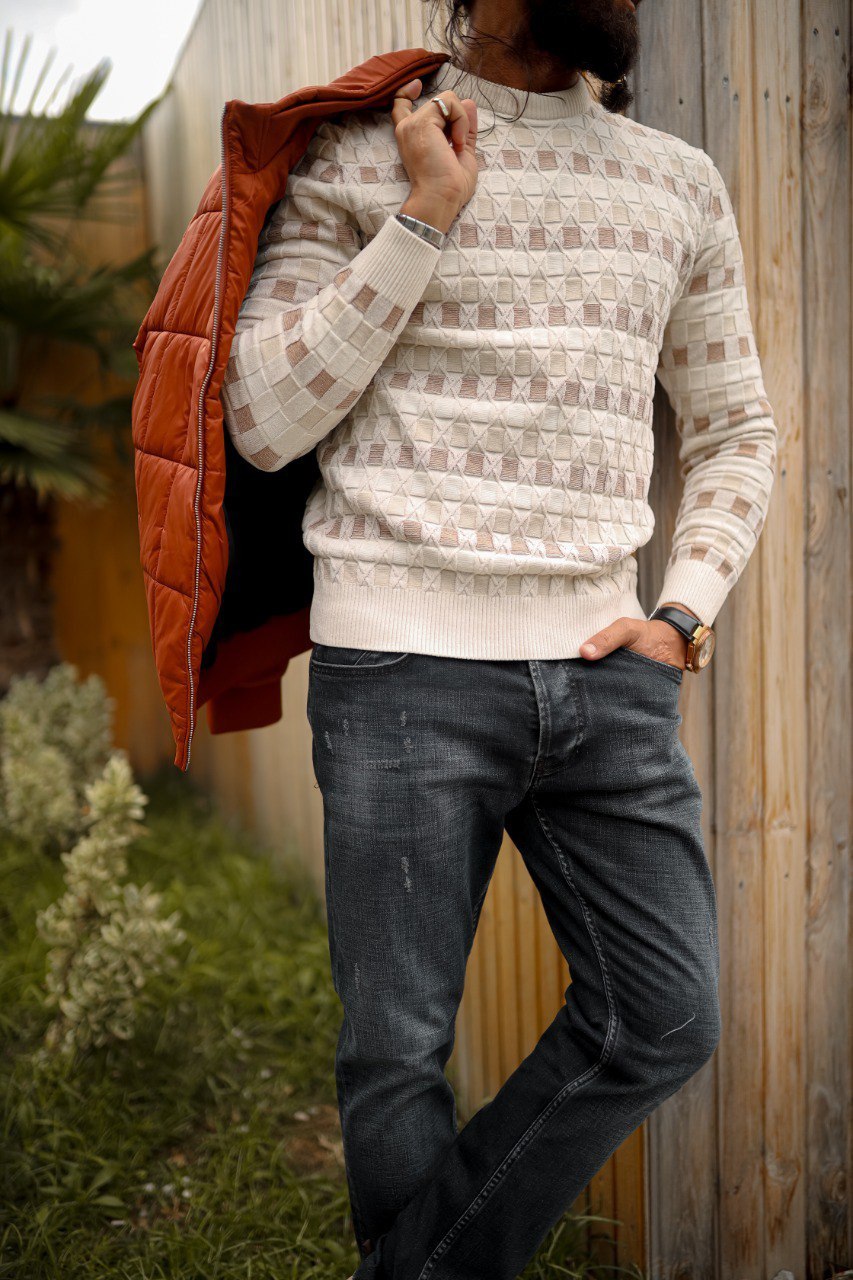 Men's Beige Patterned Knitwear Sweater - Mock Neck