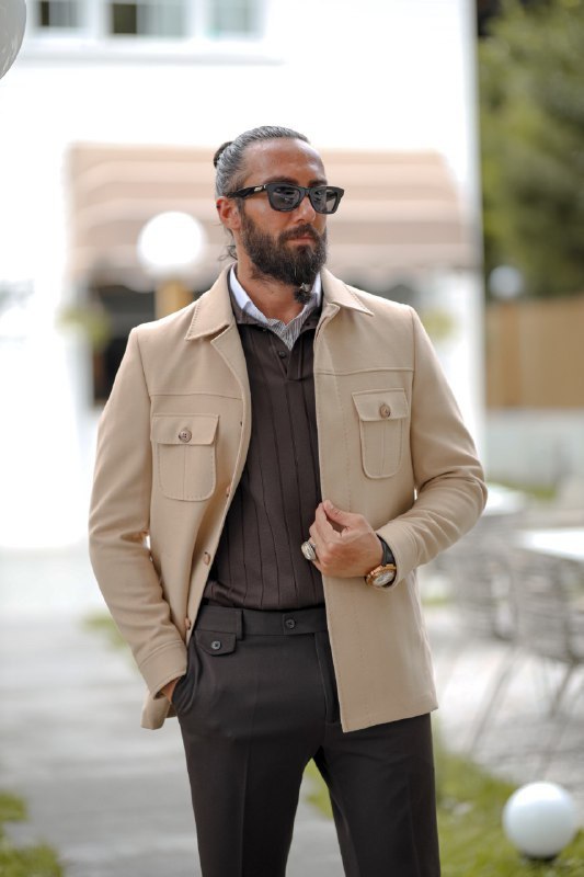 Men's Beige Shacket Jacket - Chest Pocket Detail