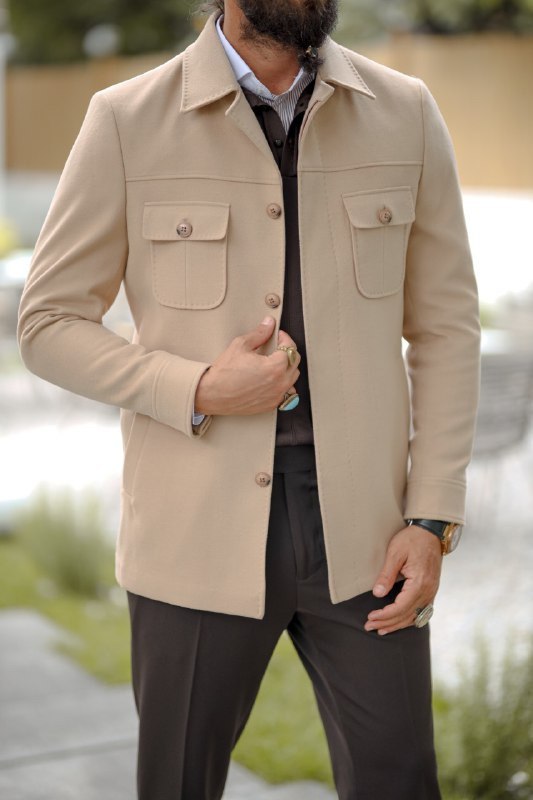 Men's Beige Shacket Jacket - Chest Pocket Detail