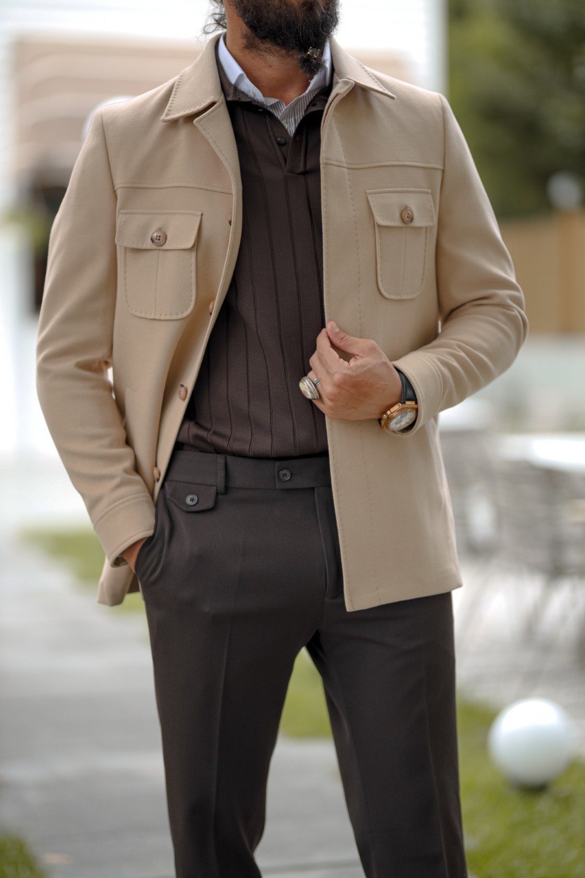 Men's Beige Shacket Jacket - Chest Pocket Detail