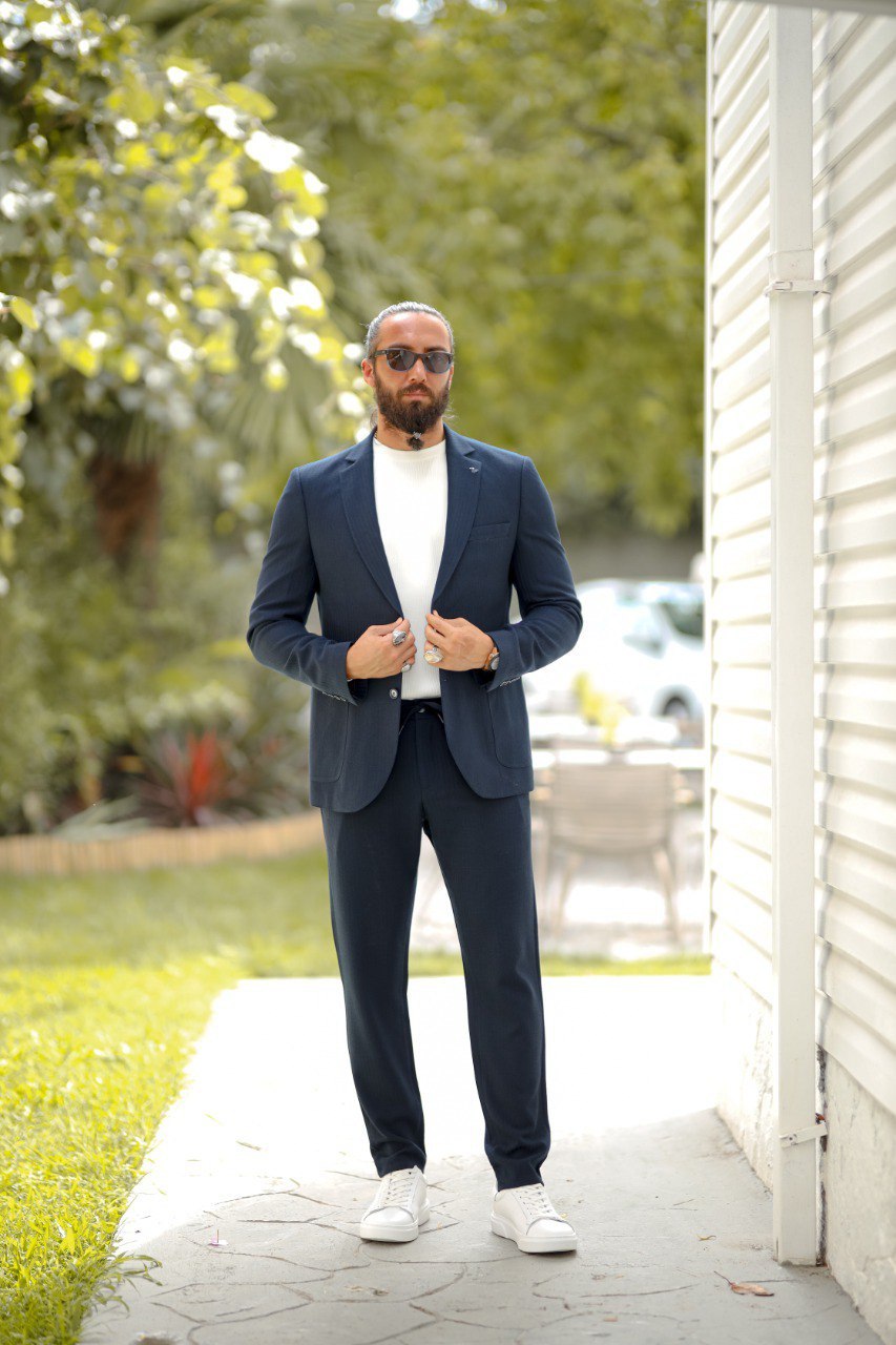 Navy Blue Seersucker Sport Suit - Drawstring Pants