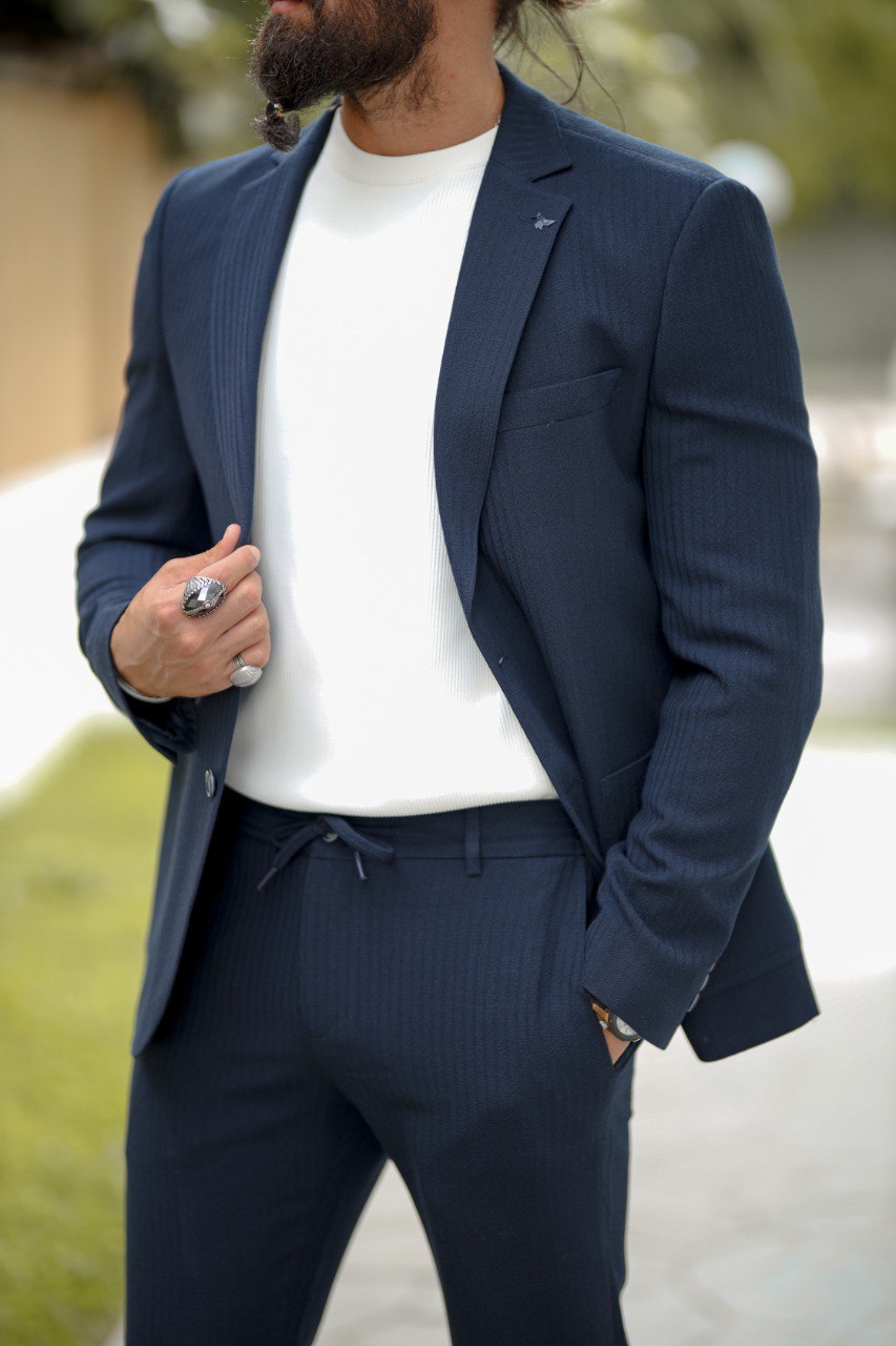 Navy Blue Seersucker Sport Suit - Drawstring Pants