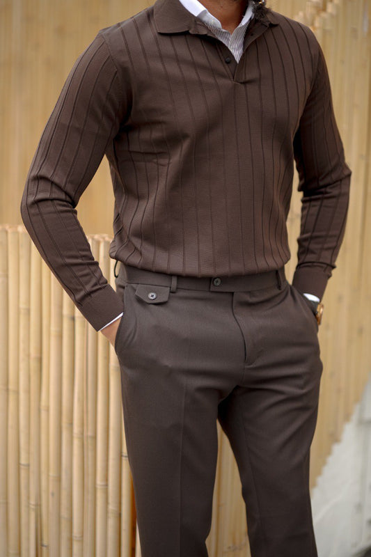 Men's Brown Ribbed Knit Polo Sweater - Long Sleeve