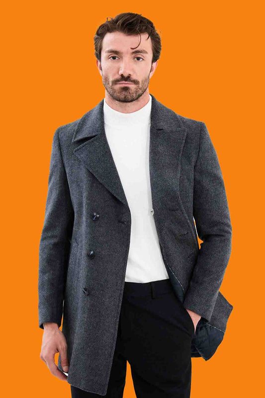 Men's Slim Fit Double Breasted Pea Coat - Dark Gray