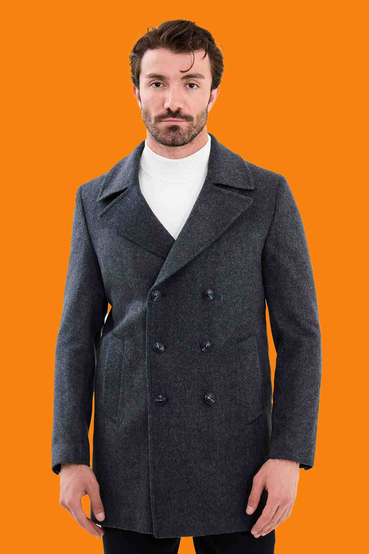 Men's Slim Fit Double Breasted Pea Coat - Dark Gray