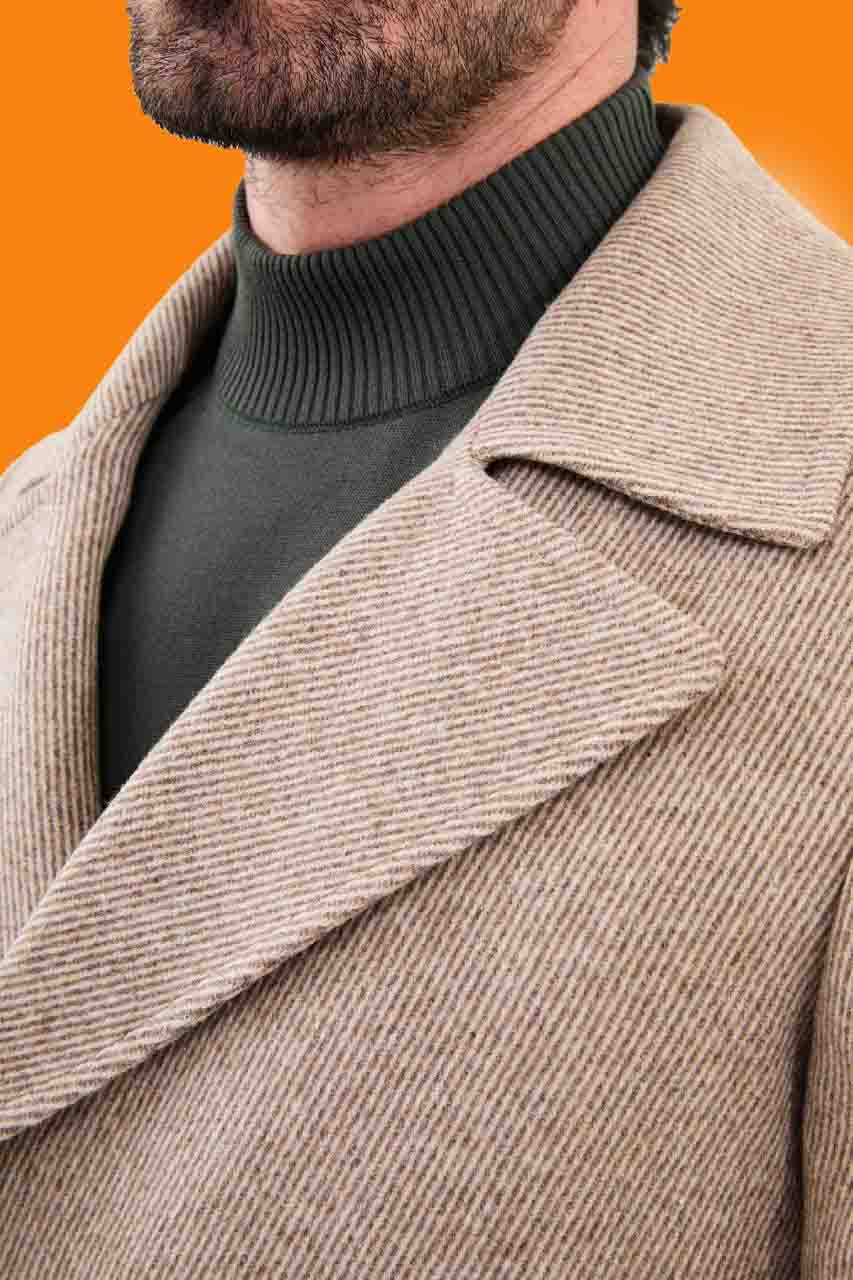 Men's Beige Herringbone Pea Coat - Slim Fit