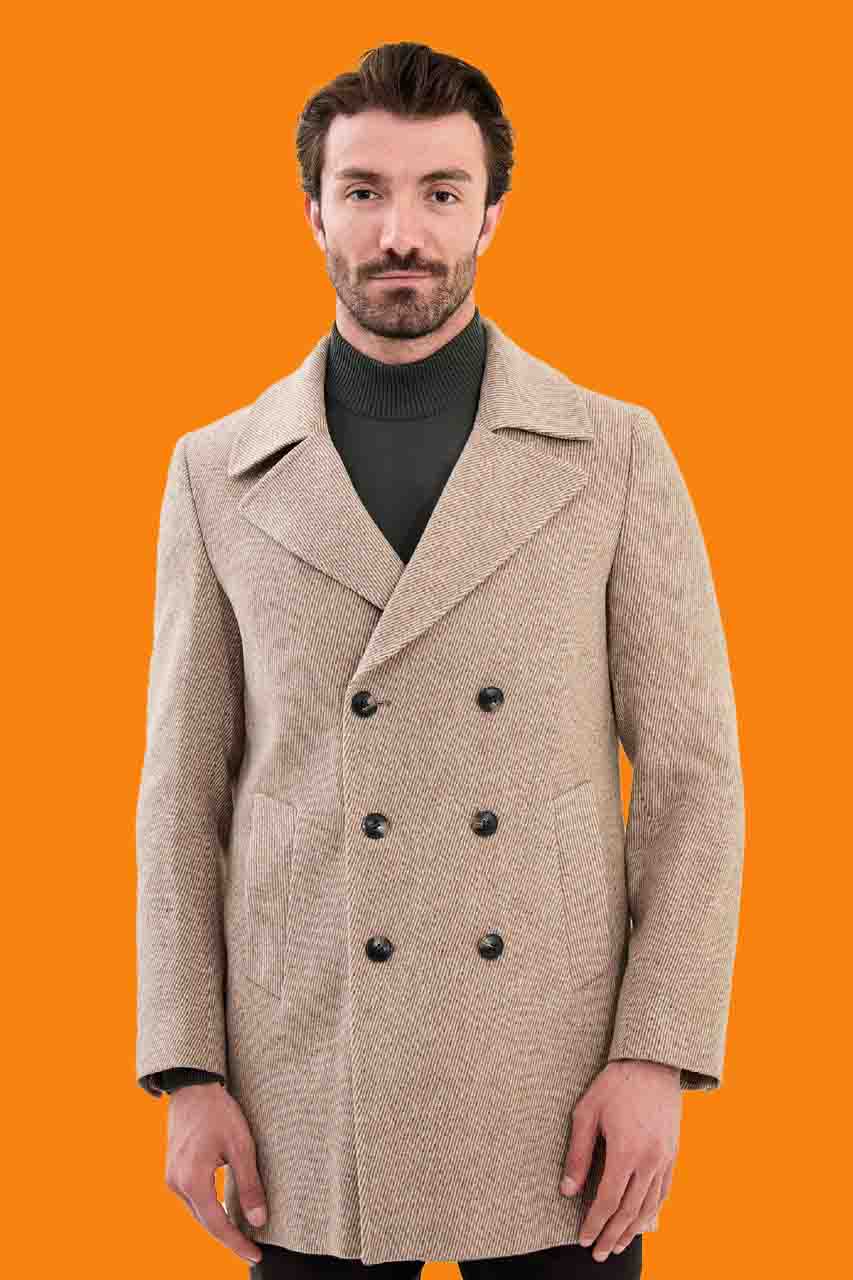 Men's Beige Herringbone Pea Coat - Slim Fit