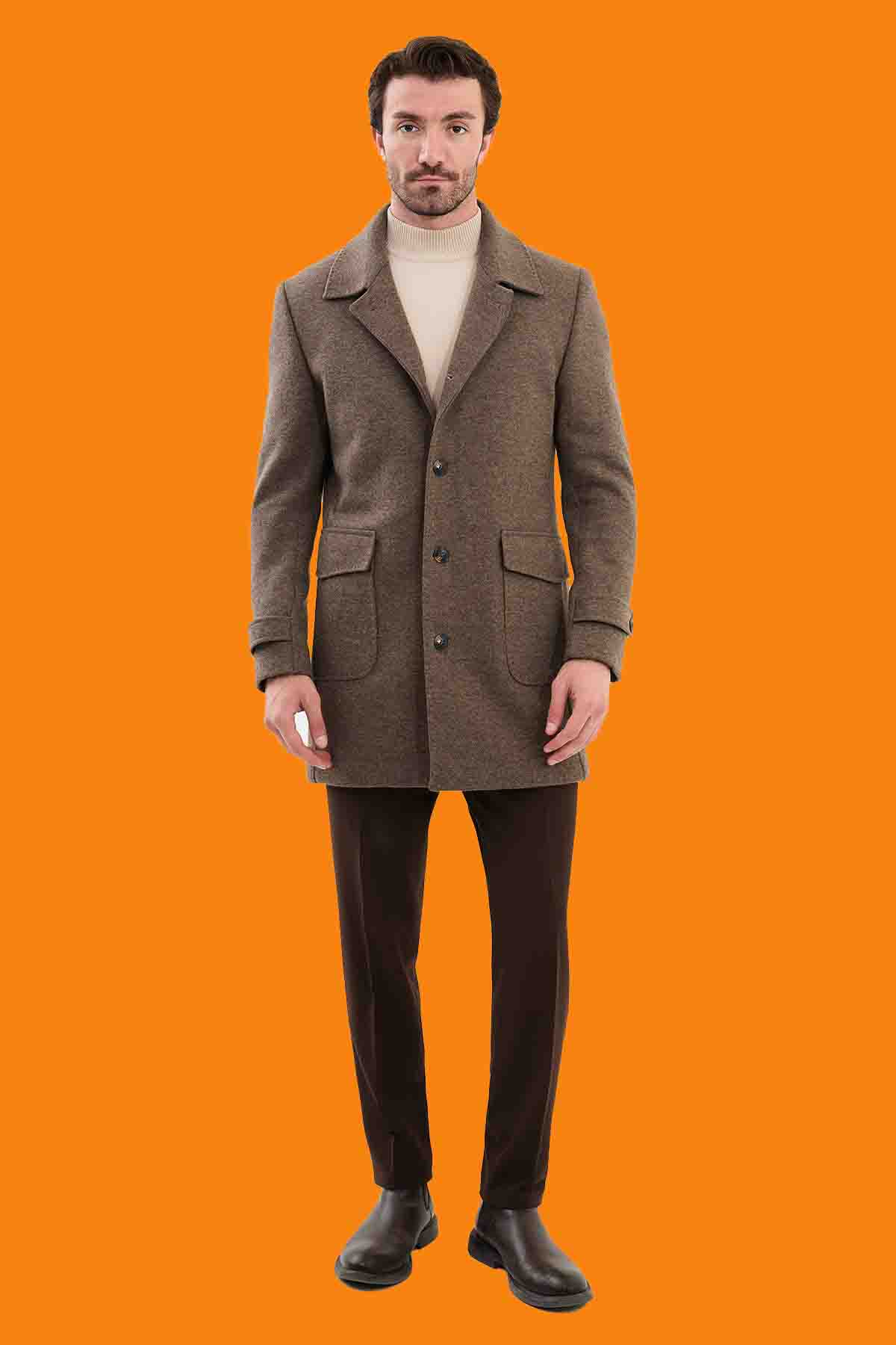 Men's Brown Textured Car Coat - Slim Fit