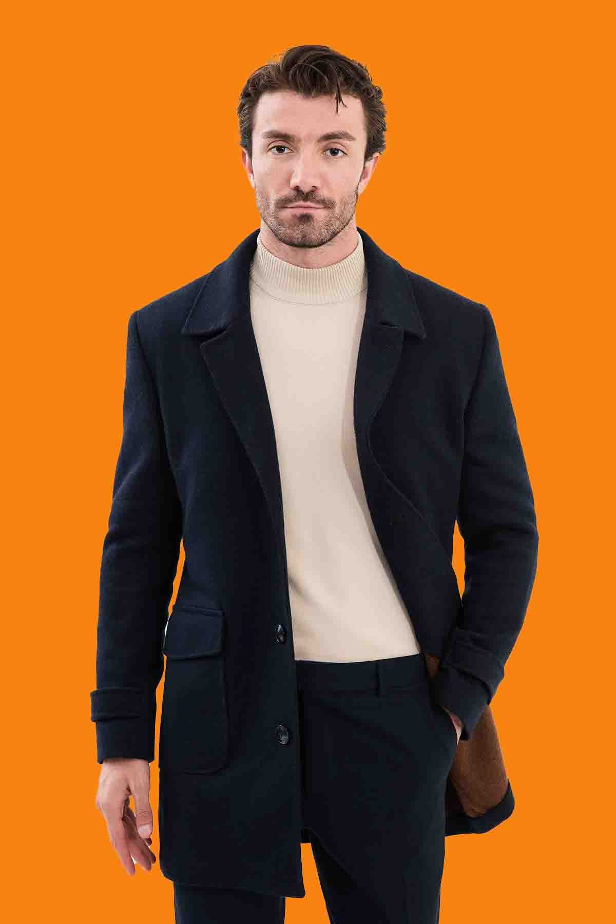 Men's Navy Car Coat - Single Breasted Slim Fit