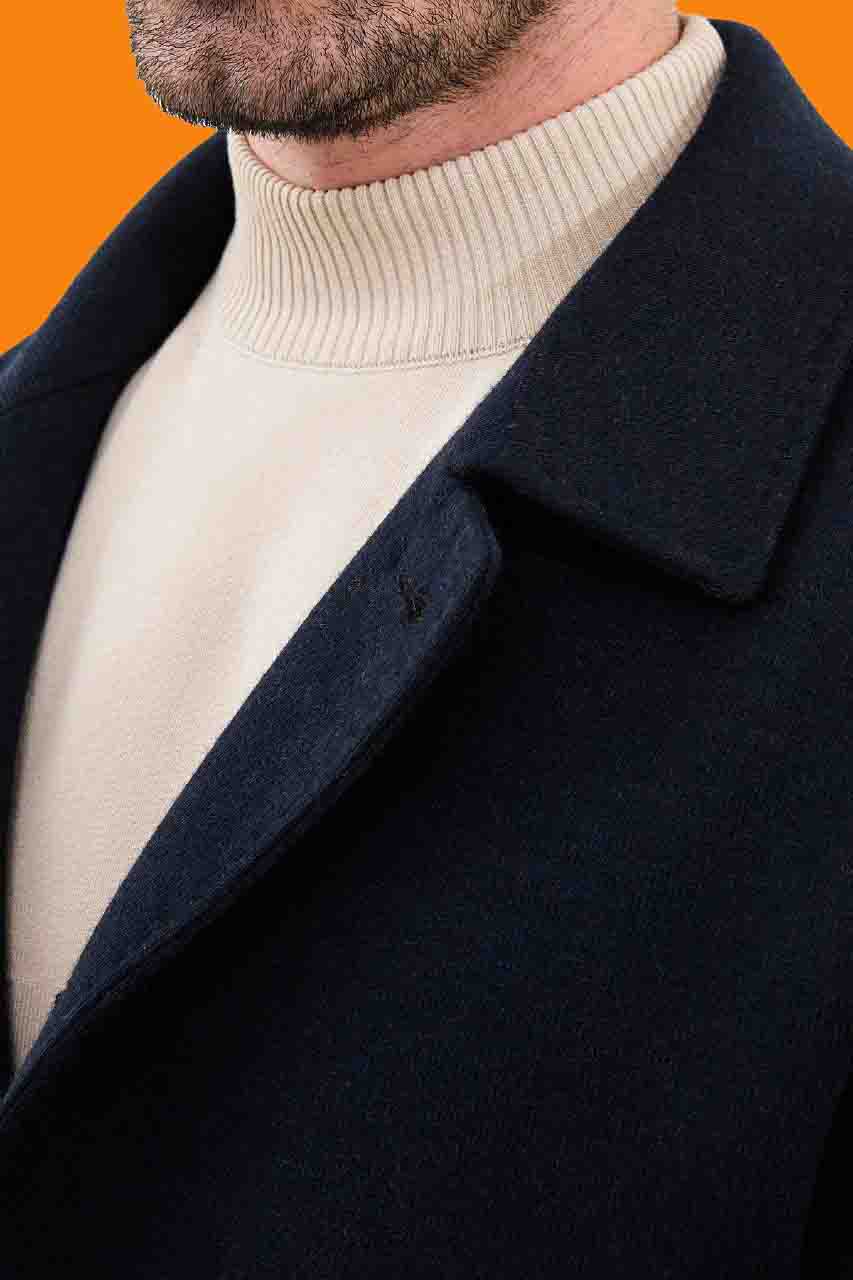 Men's Navy Car Coat - Single Breasted Slim Fit