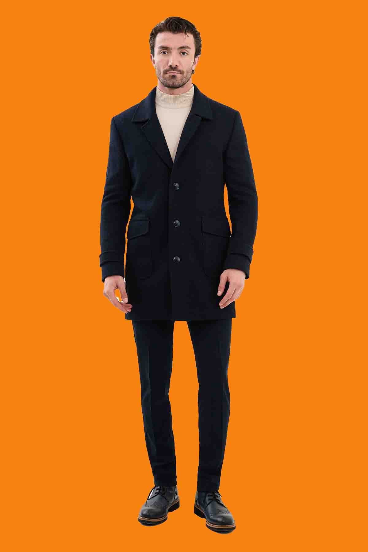 Men's Navy Car Coat - Single Breasted Slim Fit