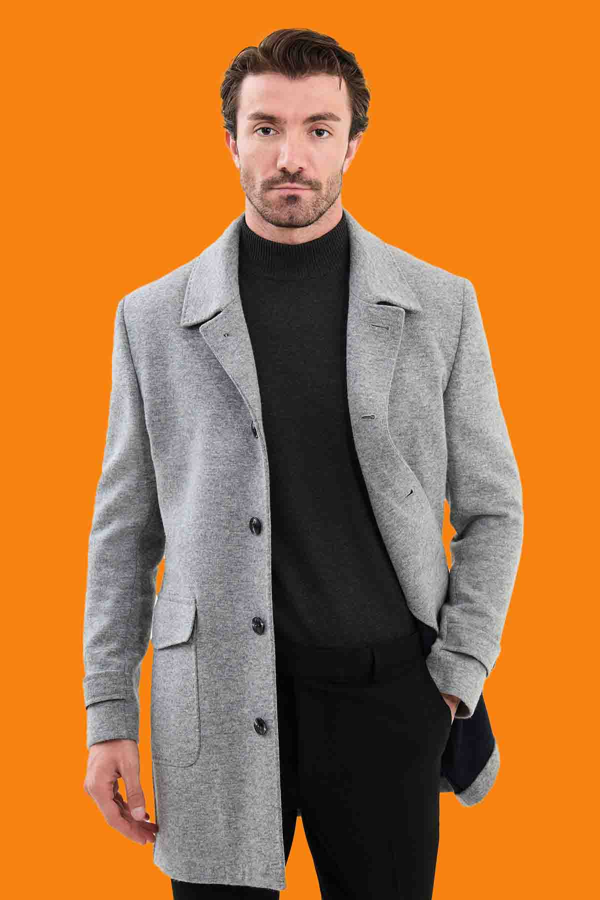 Men's Slim Fit Gray Single Breasted Pea Coat