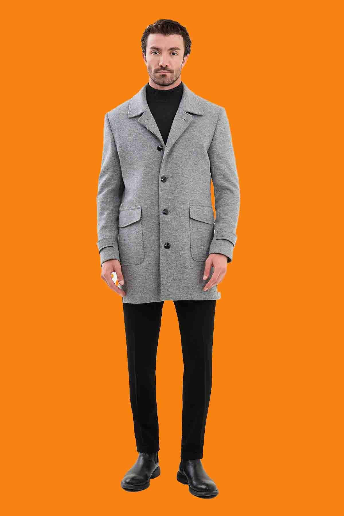 Men's Slim Fit Gray Single Breasted Pea Coat