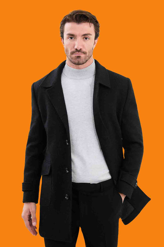 Men's Slim Fit Black Wool Blend Peacoat Winter Coat