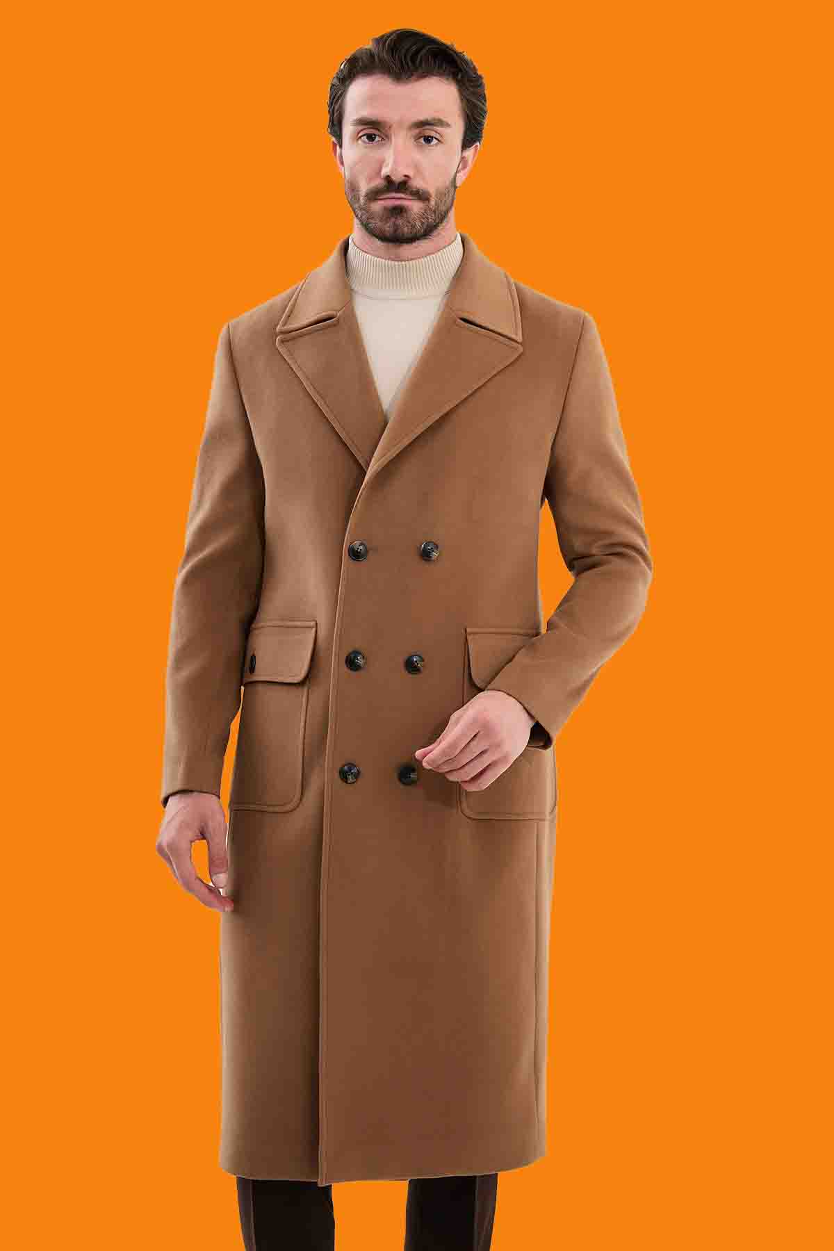 Men's Camel Slim Fit Double Breasted Wool-Blend Coat
