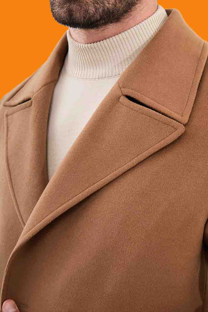 Men's Camel Slim Fit Double Breasted Wool-Blend Coat