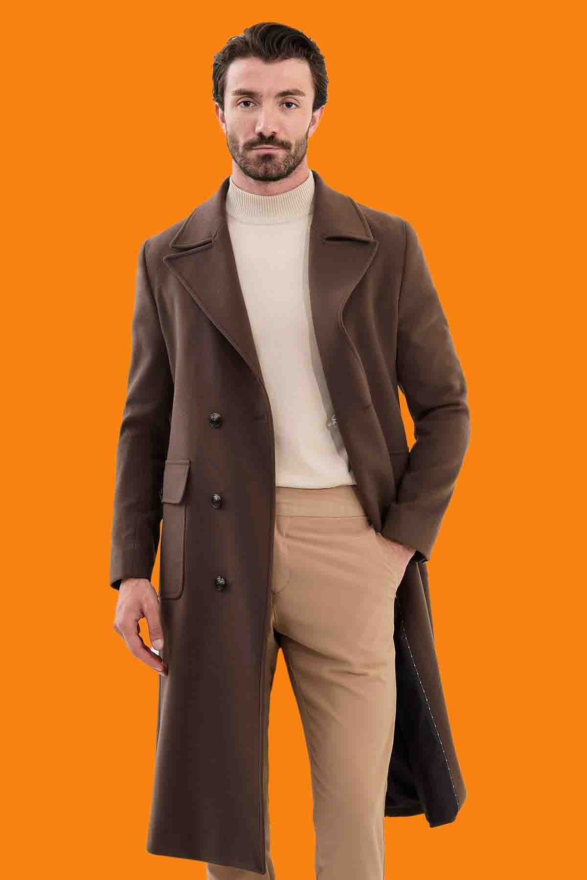Men's Brown Slim Fit Double Breasted Long Winter Coat