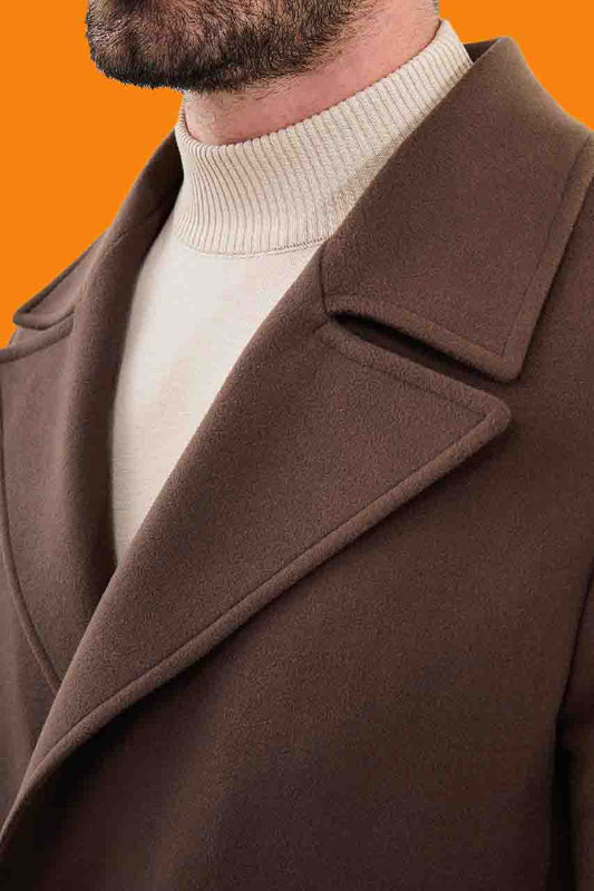 Men's Brown Slim Fit Double Breasted Long Winter Coat
