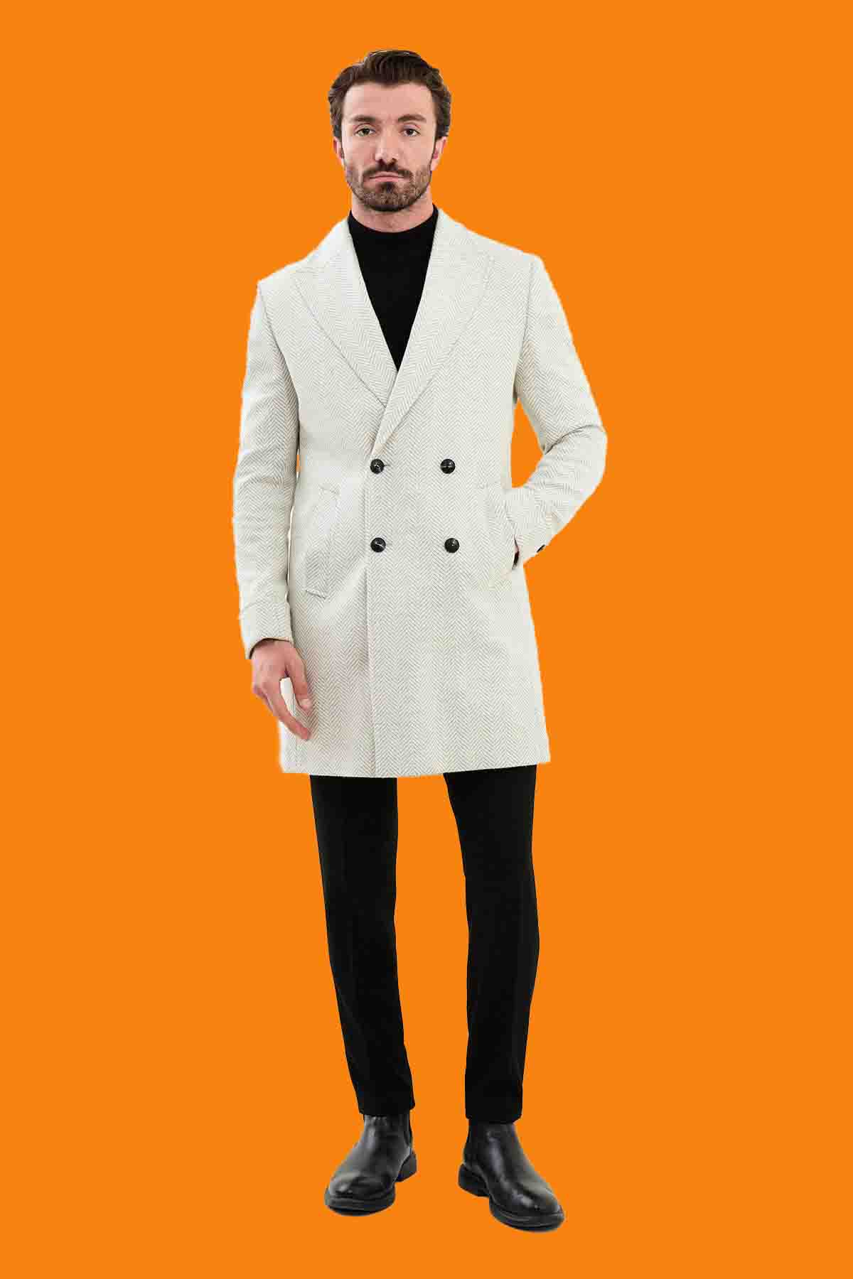 Men's Ecru Herringbone Slim Fit Double Breasted Coat