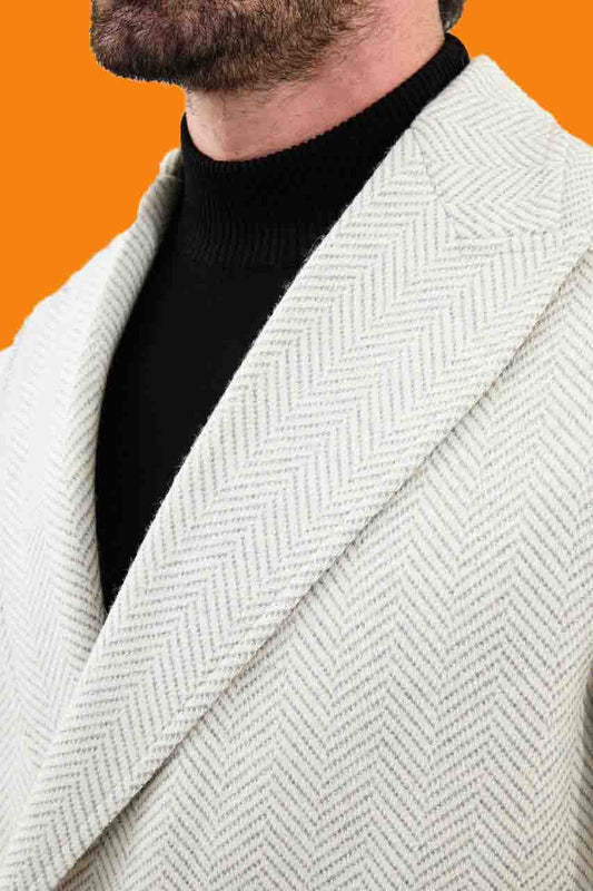Men's Ecru Herringbone Slim Fit Double Breasted Coat