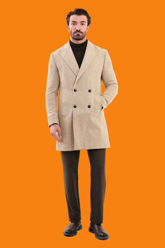 Men's Beige Herringbone Slim Double Breasted Coat