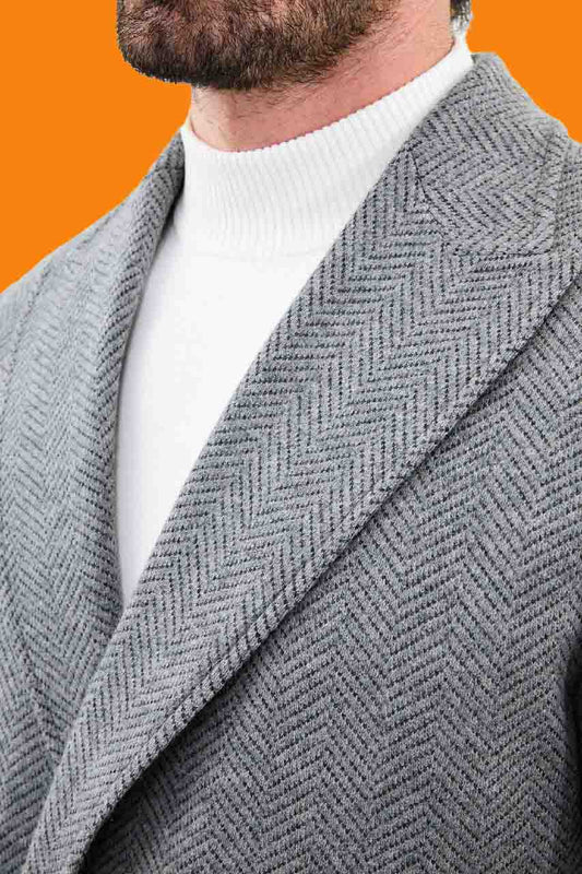 Men's Gray Herringbone Slim Fit Double Breasted Coat