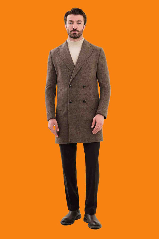 Men's Brown Herringbone Slim Double Breasted Coat