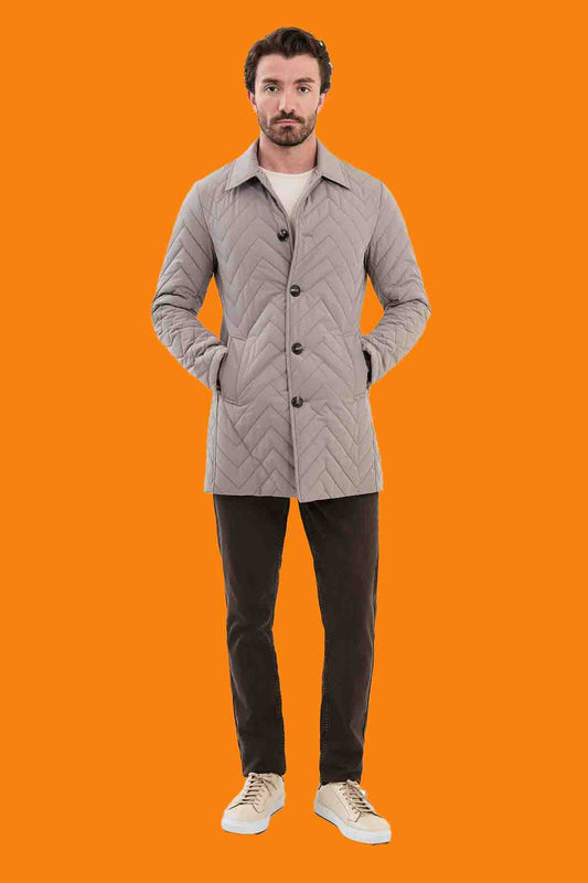Men's Beige Slim Quilted Car Coat - Herringbone