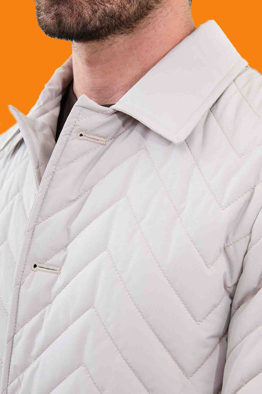 Men's Ecru Slim Fit Quilted Car Coat - Chevron