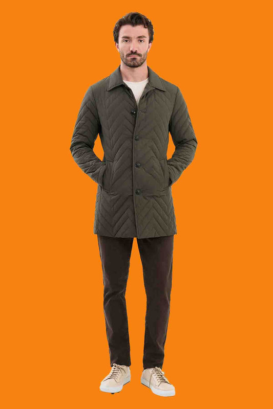 Men's Olive Green Slim Quilted Car Coat - Chevron