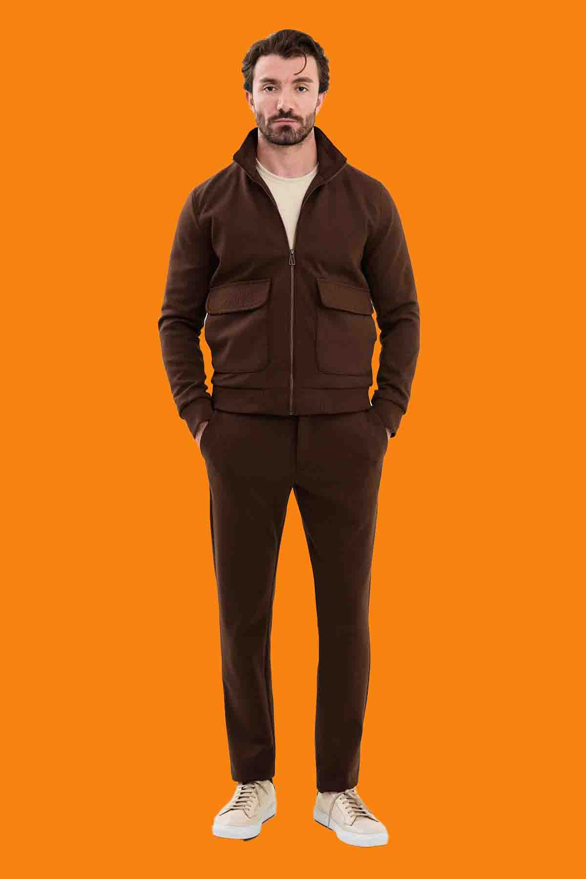 Men's Brown Knitwear Slim Fit Zip-Up Cardigan