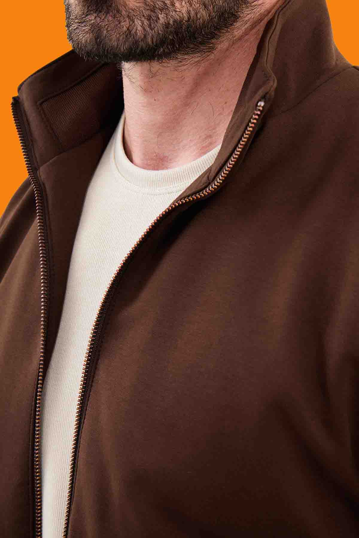 Men's Brown Knitwear Slim Fit Zip-Up Cardigan