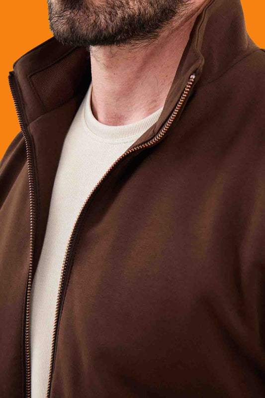 Men's Brown Knitwear Slim Fit Zip-Up Cardigan