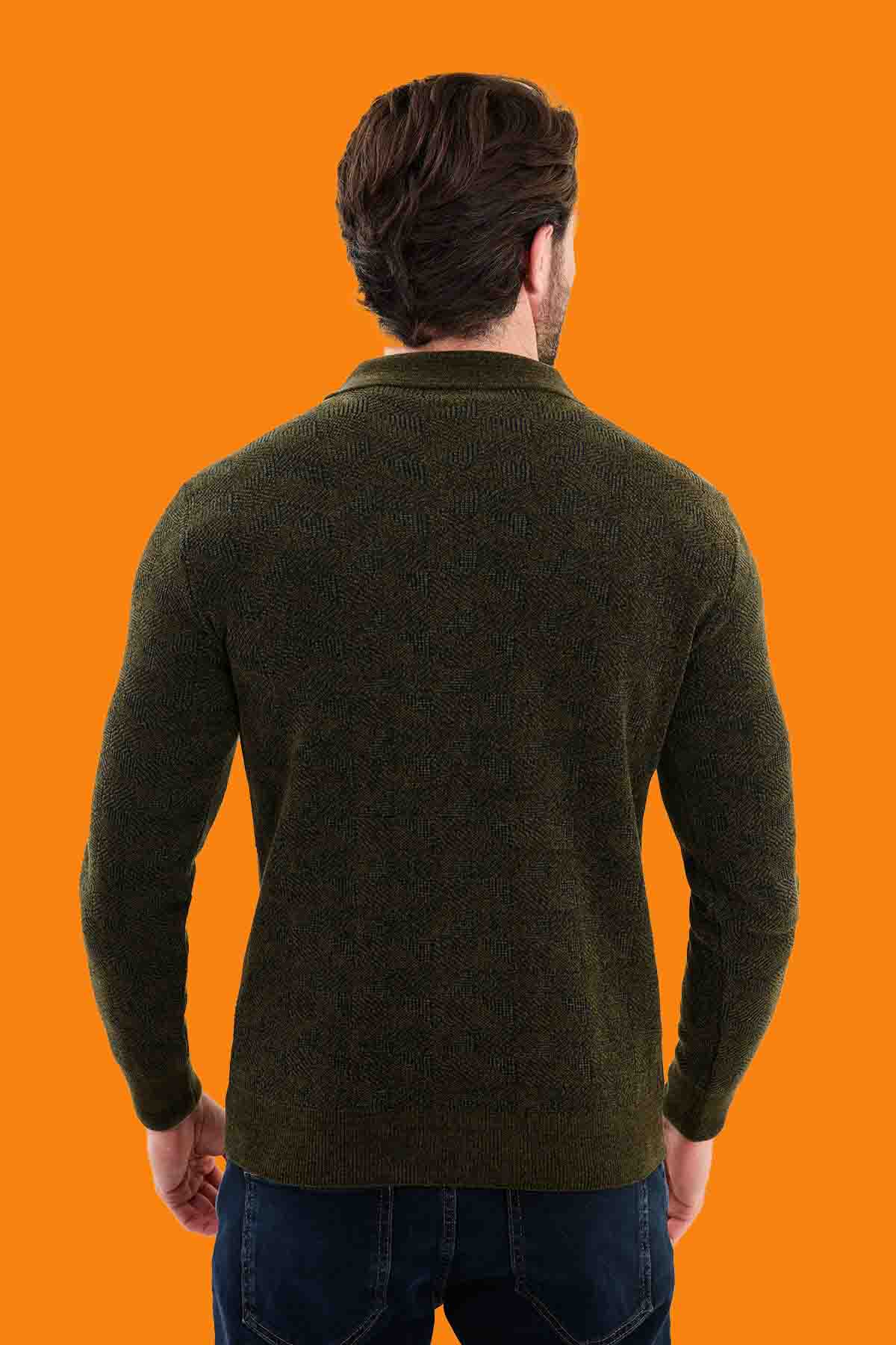 Men's Khaki Slim Fit Knit Half-Zip Polo Sweater