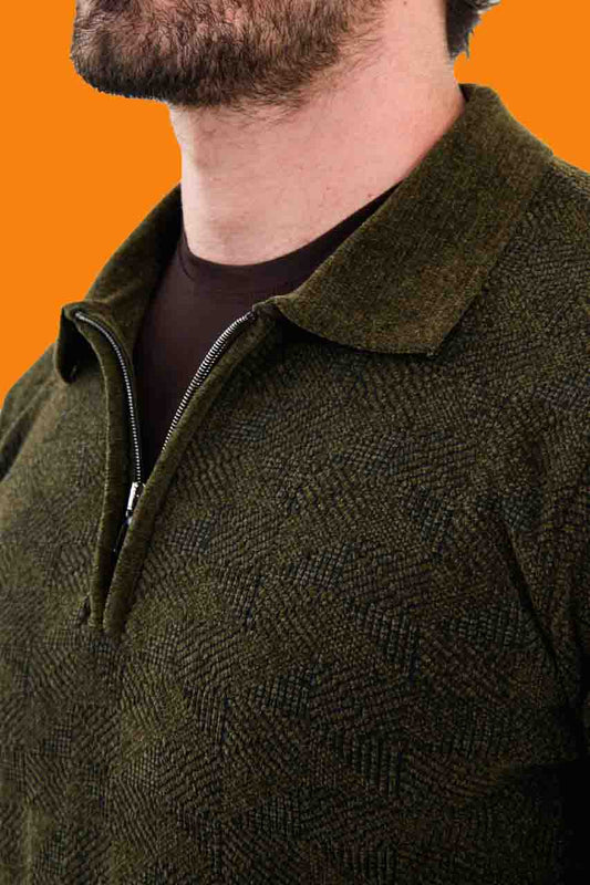 Men's Khaki Slim Fit Knit Half-Zip Polo Sweater