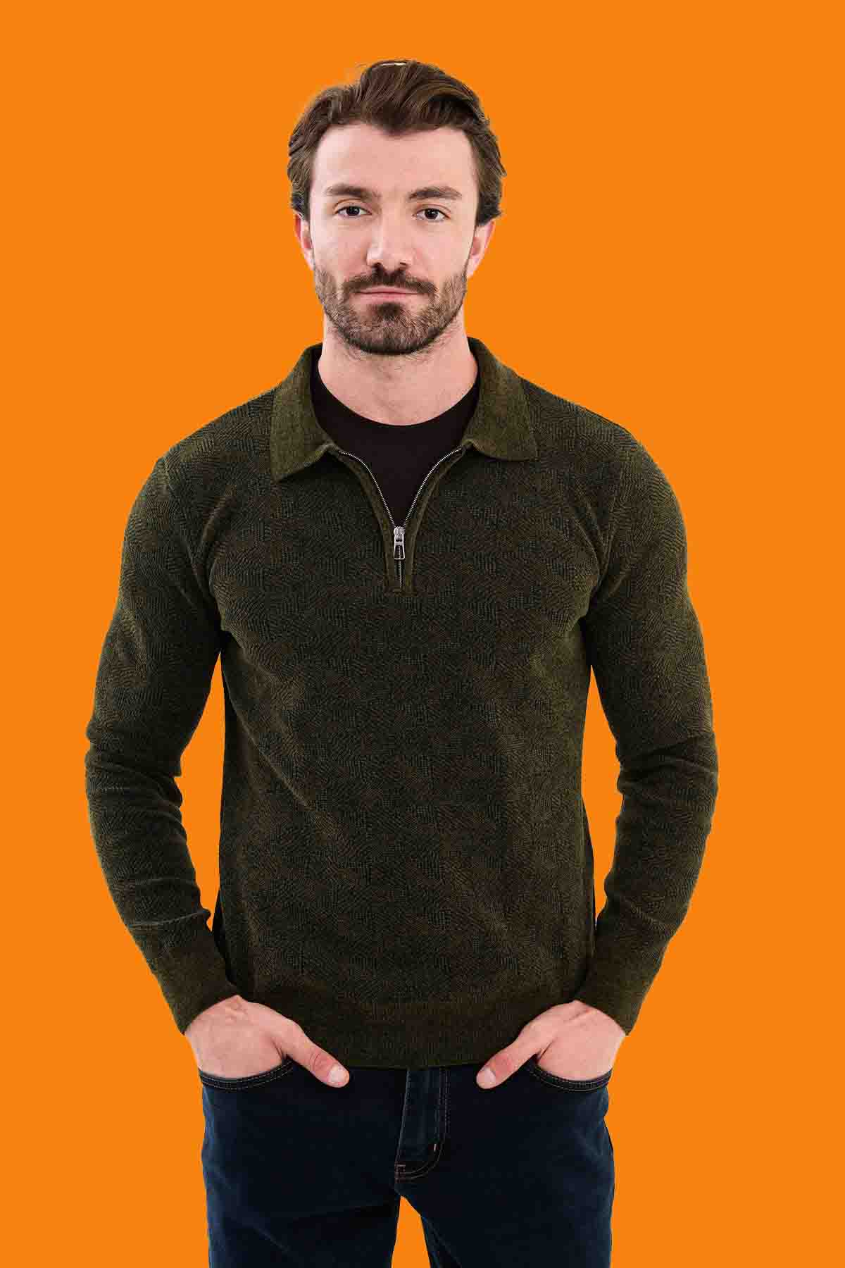 Men's Khaki Slim Fit Knit Half-Zip Polo Sweater